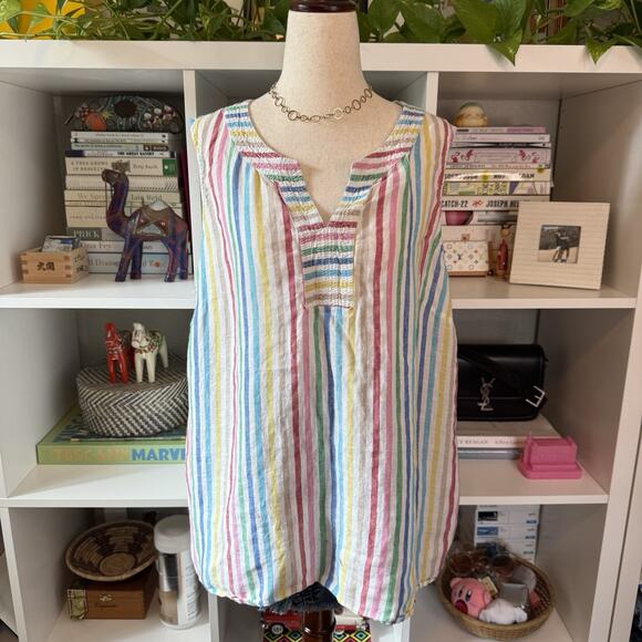 Talbots 100% Linen Rainbow V-neck Smock Tunic Beach Boho Blouse Top Wms X-Large - Picture 1 of 9